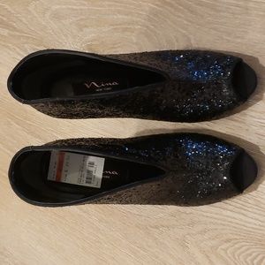 Nina Black Glitter Open Toe Booties Size 6.5 heel: 4.5"